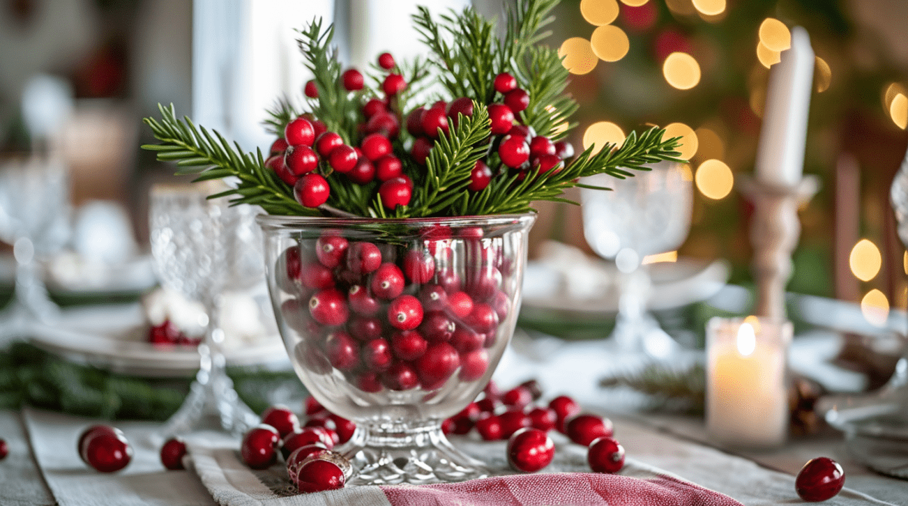 DIY Festive Cranberry and Greenery Centerpiece