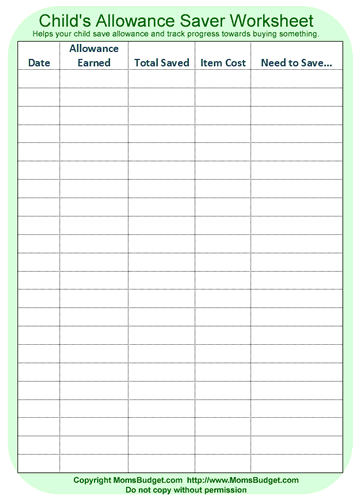 Kid’s Allowance Saving Worksheet Green: Your Child’s Gateway to Smart Saving