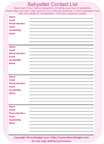 Babysitter Contact Info Worksheet