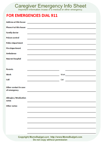 Caregiver Emergency Info Worksheet