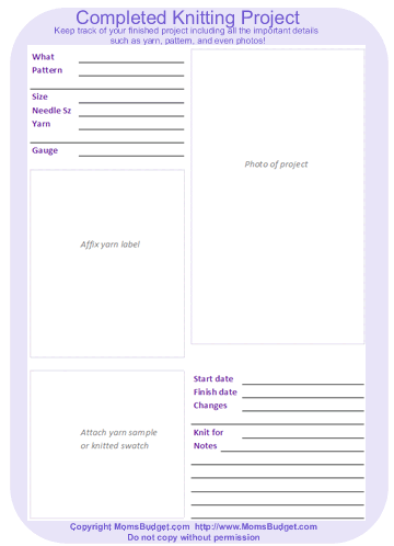 Completed Knitting Project Worksheet Purple