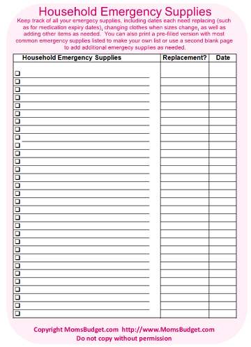 Household Emergency Supplies Blank Worksheet