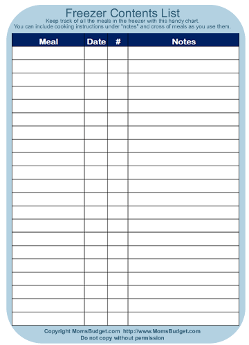 Freezer Inventory List Worksheet Printable