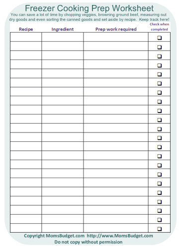 Freezer Cooking Prep Worksheet Blue