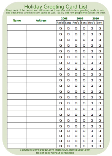 Holiday Greeting Card List Printable