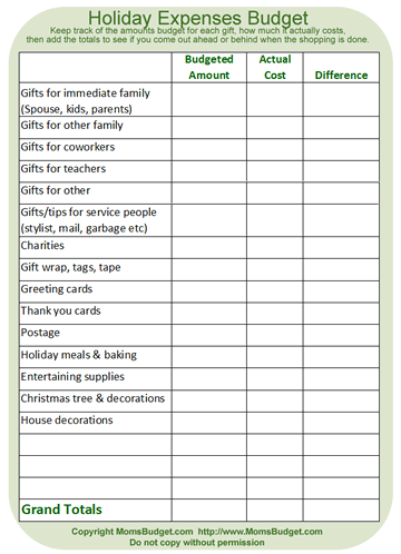 Holiday Expenses Budget Printable