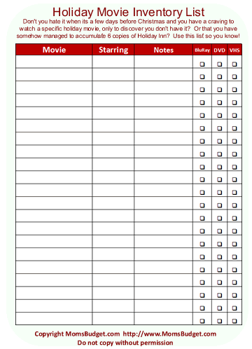 Holiday Movies Inventory List Printable