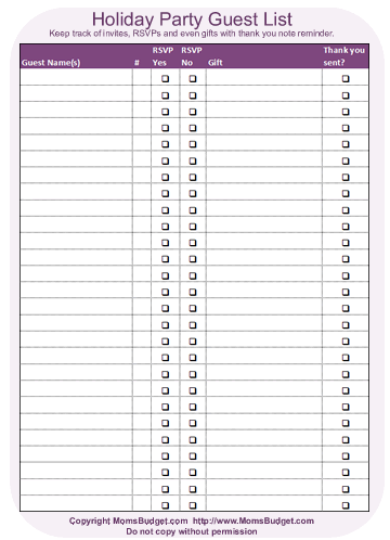 Holiday Party Guest List Worksheet Printable