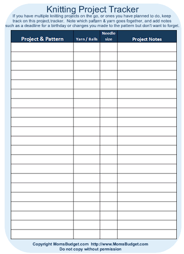 Knitting Project Tracker Worksheet Blue