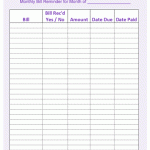 Monthly Bill Reminder Worksheet Free Printable