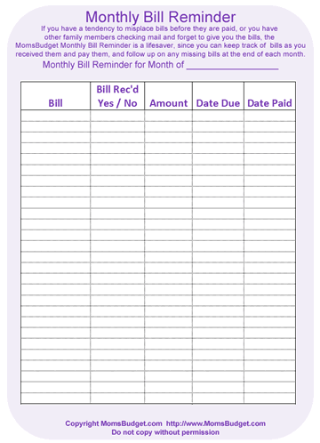 Monthly Bill Reminder Worksheet Free Printable