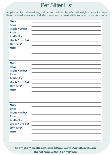 Pet Sitter List Worksheet