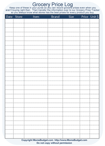 Grocery Price Log Worksheet Printable (Blue Version)