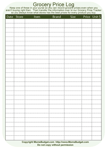 Grocery Price Log Worksheet Printable Green