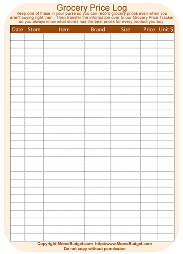 Grocery Price Log Worksheet Orange