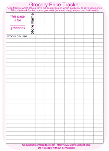 Grocery Price Tracker Worksheet Pink