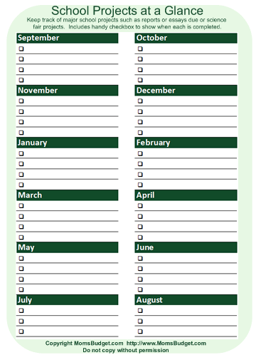 School Projects at a Glance Worksheet