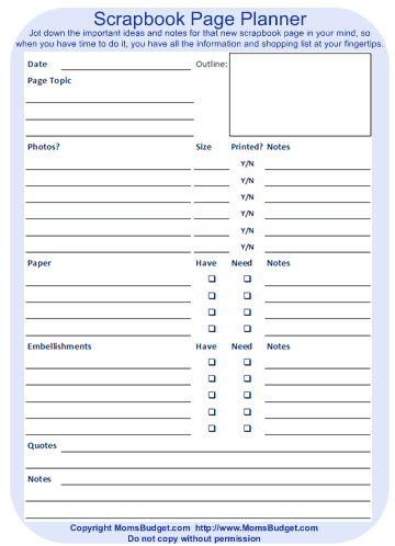 Scrapbook Page Planner Worksheet Blue