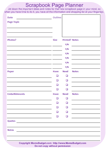 Scrapbook Page Planner Worksheet Purple