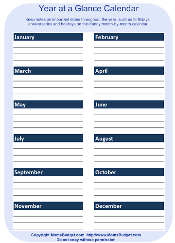 Year at a Glance Calendar Printable